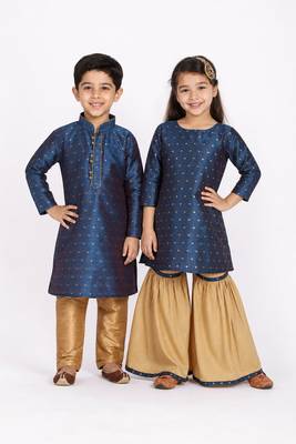 Blue woven & printed jacquard & silk sharara set & kurta pyjama brother sister matching combo 1