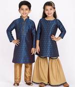 Blue woven & printed jacquard & silk sharara set & kurta pyjama brother sister matching combo