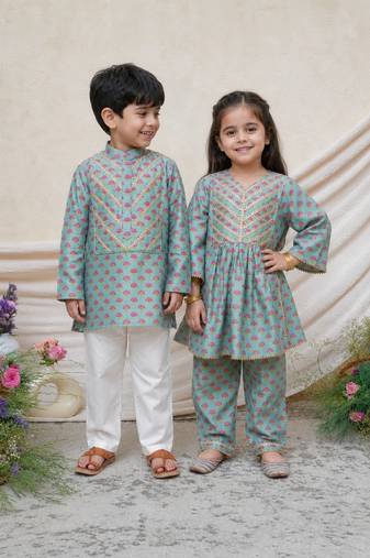 Sea green printed chanderi kurta set & kurta pant brother sister matching combo