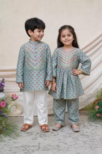 Sea green printed chanderi kurta set & kurta pant brother sister matching combo