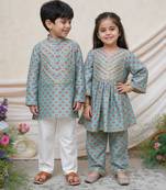Sea green printed chanderi kurta set & kurta pant brother sister matching combo