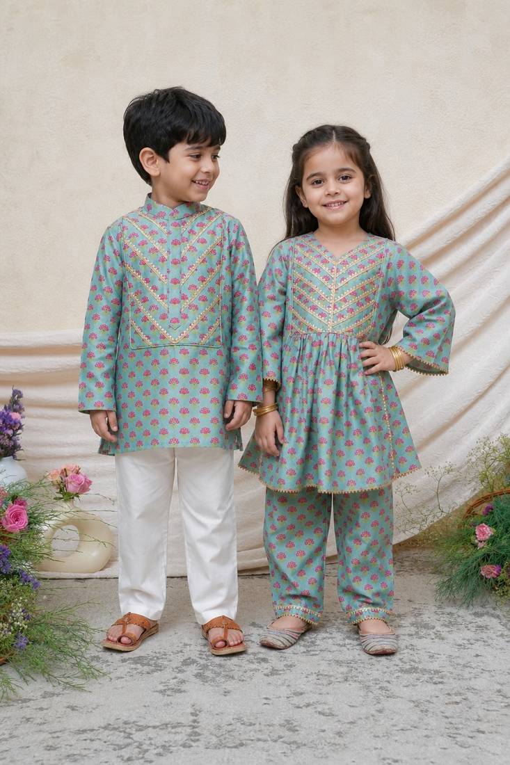 Sea green printed chanderi kurta set & kurta pant brother sister matching combo