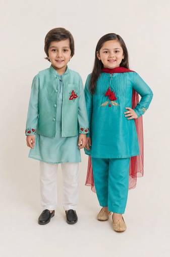 Teal & blue solid cotton kurta set & kurta jacket brother sister matching combo