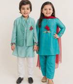 Teal & blue solid cotton kurta set & kurta jacket brother sister matching combo