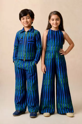 Blue & green printed silk jumpsuit & shirt brother sister matching combo