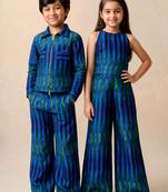 Blue & green printed silk jumpsuit & shirt brother sister matching combo