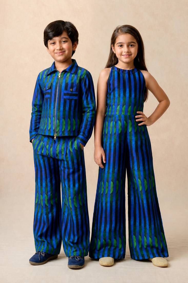 Blue & green printed silk jumpsuit & shirt brother sister matching combo