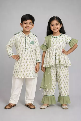 Green printed cotton silk kurta set & kurta pyjama brother sister matching combo