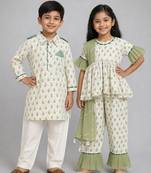 Green printed cotton silk kurta set & kurta pyjama brother sister matching combo