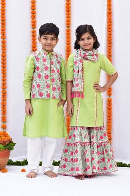 Green printed cotton sharara set & kurta jacket brother sister matching combo 1