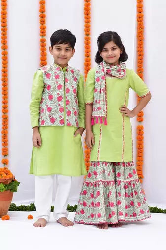 Green printed cotton sharara set & kurta jacket brother sister matching combo