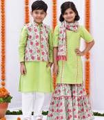 Green printed cotton sharara set & kurta jacket brother sister matching combo
