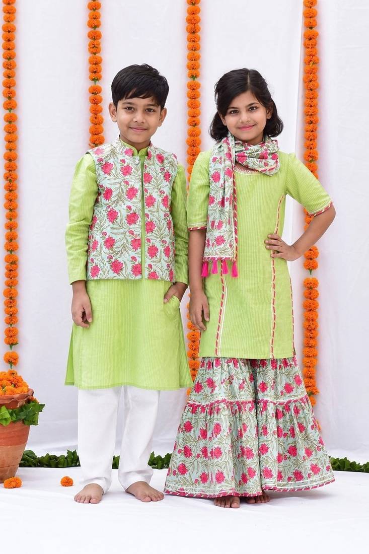 Green printed cotton sharara set & kurta jacket brother sister matching combo