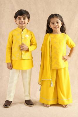 Yellow embroidered viscose palazzo set & kurta jacket brother sister matching combo 1