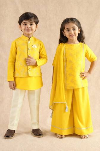 Yellow embroidered viscose palazzo set & kurta jacket brother sister matching combo
