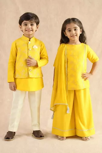 Yellow embroidered viscose palazzo set & kurta jacket brother sister matching combo