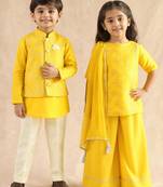 Yellow embroidered viscose palazzo set & kurta jacket brother sister matching combo