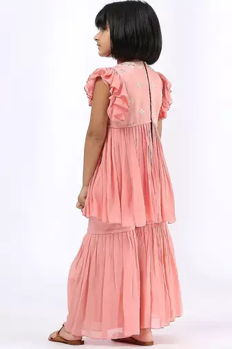 Pink & peach solid & embroidered cotton gharara set & kurta jacket brother sister matching combo