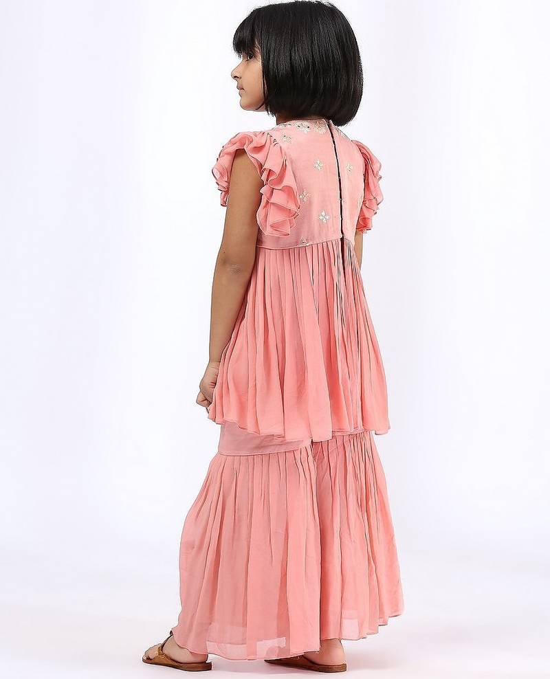 Pink & peach solid & embroidered cotton gharara set & kurta jacket brother sister matching combo
