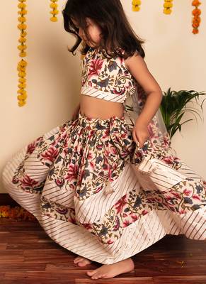 White & rose handwoven cotton lehenga choli & dhoti kurta brother sister matching combo 2