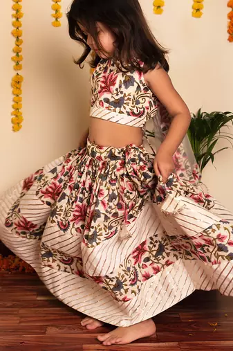 White & rose handwoven cotton lehenga choli & dhoti kurta brother sister matching combo