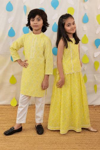 Yellow printed & embroidered cotton sharara set & kurta pyjama brother sister matching combo