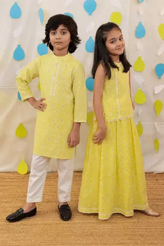 Yellow printed & embroidered cotton sharara set & kurta pyjama brother sister matching combo