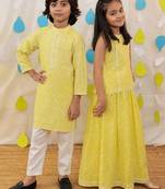 Yellow printed & embroidered cotton sharara set & kurta pyjama brother sister matching combo