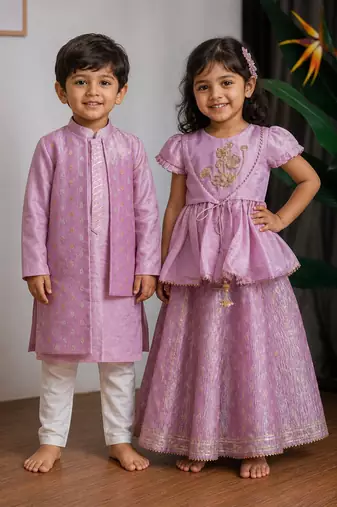 Purple embroidered & woven banarasi lehenga choli & kurta jacket brother sister matching combo