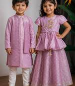 Purple embroidered & woven banarasi lehenga choli & kurta jacket brother sister matching combo