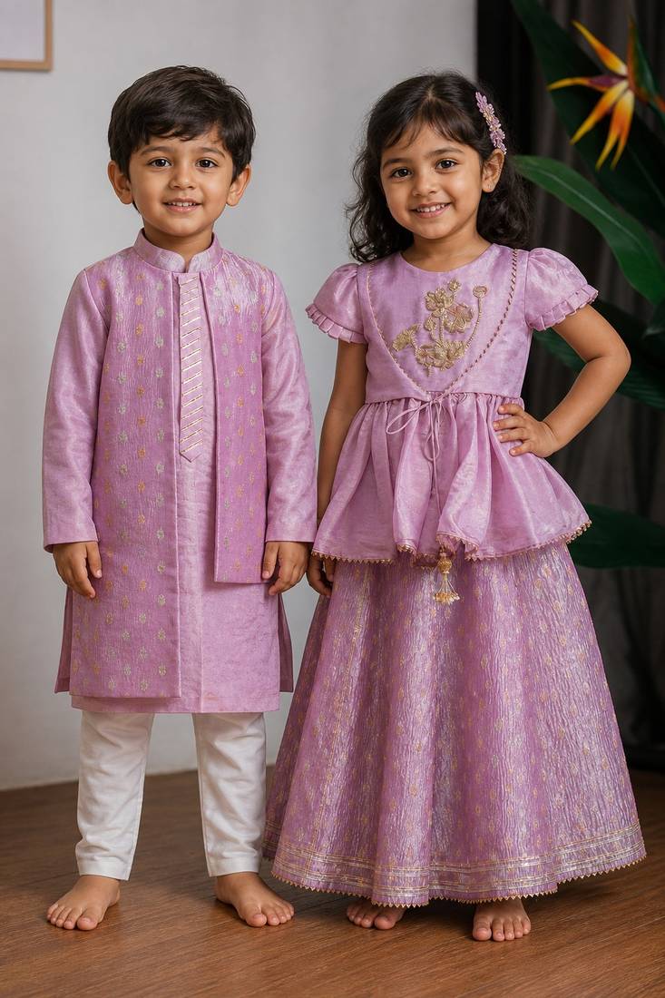 Purple embroidered & woven banarasi lehenga choli & kurta jacket brother sister matching combo