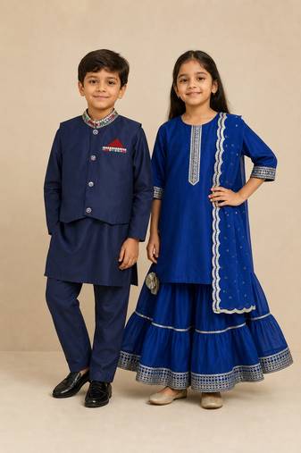 Blue embroidered & solid chanderi & cotton sharara set & kurta jacket brother sister matching combo