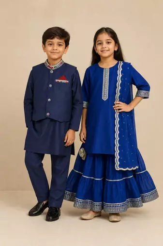Blue embroidered & solid chanderi & cotton sharara set & kurta jacket brother sister matching combo
