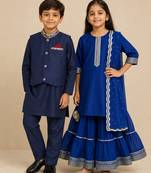 Blue embroidered & solid chanderi & cotton sharara set & kurta jacket brother sister matching combo