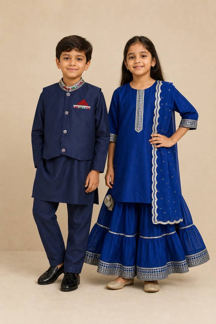 Blue embroidered & solid chanderi & cotton sharara set & kurta jacket brother sister matching combo