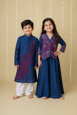 Gold handwoven cotton sharara set & kurta pyjama brother sister matching combo 1