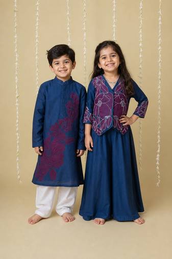 Gold handwoven cotton sharara set & kurta pyjama brother sister matching combo