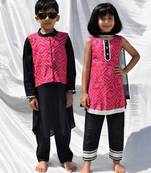 Pink & blue embroidered & bandhani cotton kurta set & kurta jacket brother sister matching combo