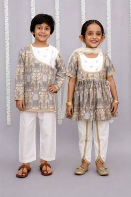 Grey printed cotton silk kurta set & kurta pant brother sister matching combo 1
