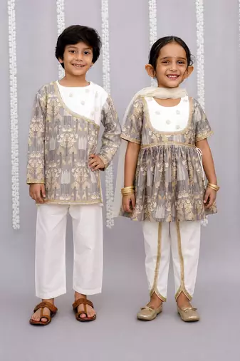 Grey printed cotton silk kurta set & kurta pant brother sister matching combo