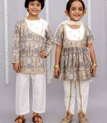 Grey printed cotton silk kurta set & kurta pant brother sister matching combo