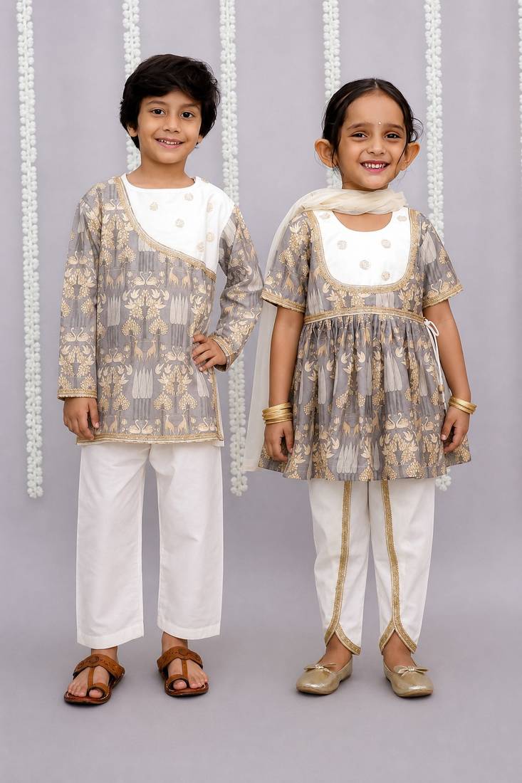 Grey printed cotton silk kurta set & kurta pant brother sister matching combo