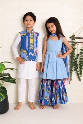 Blue ikat cotton sharara set & kurta jacket brother sister matching combo 1