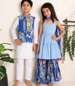 Blue ikat cotton sharara set & kurta jacket brother sister matching combo