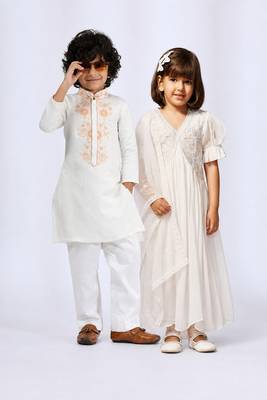 White solid & embroidered organza & satin kurta set & kurta pant brother sister matching combo 1