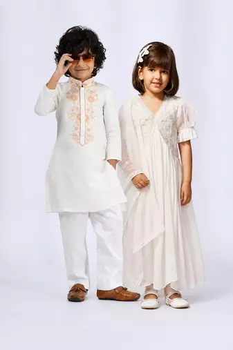 White solid & embroidered organza & satin kurta set & kurta pant brother sister matching combo