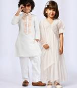 White solid & embroidered organza & satin kurta set & kurta pant brother sister matching combo