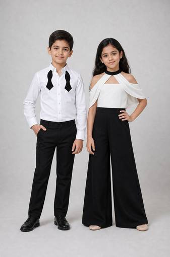 White & black solid japanese crepe & cotton jumpsuit & shirt brother sister matching combo