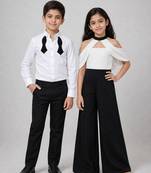 White & black solid japanese crepe & cotton jumpsuit & shirt brother sister matching combo