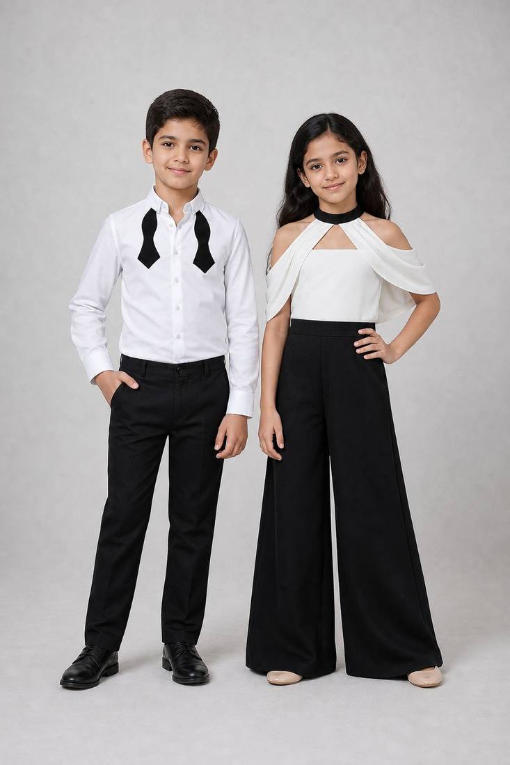 White & black solid japanese crepe & cotton jumpsuit & shirt brother sister matching combo